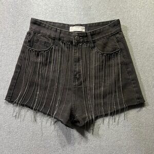 Blue b COLLECTION Womens Black Festival Western Denim Rhinestone Fringe Shorts